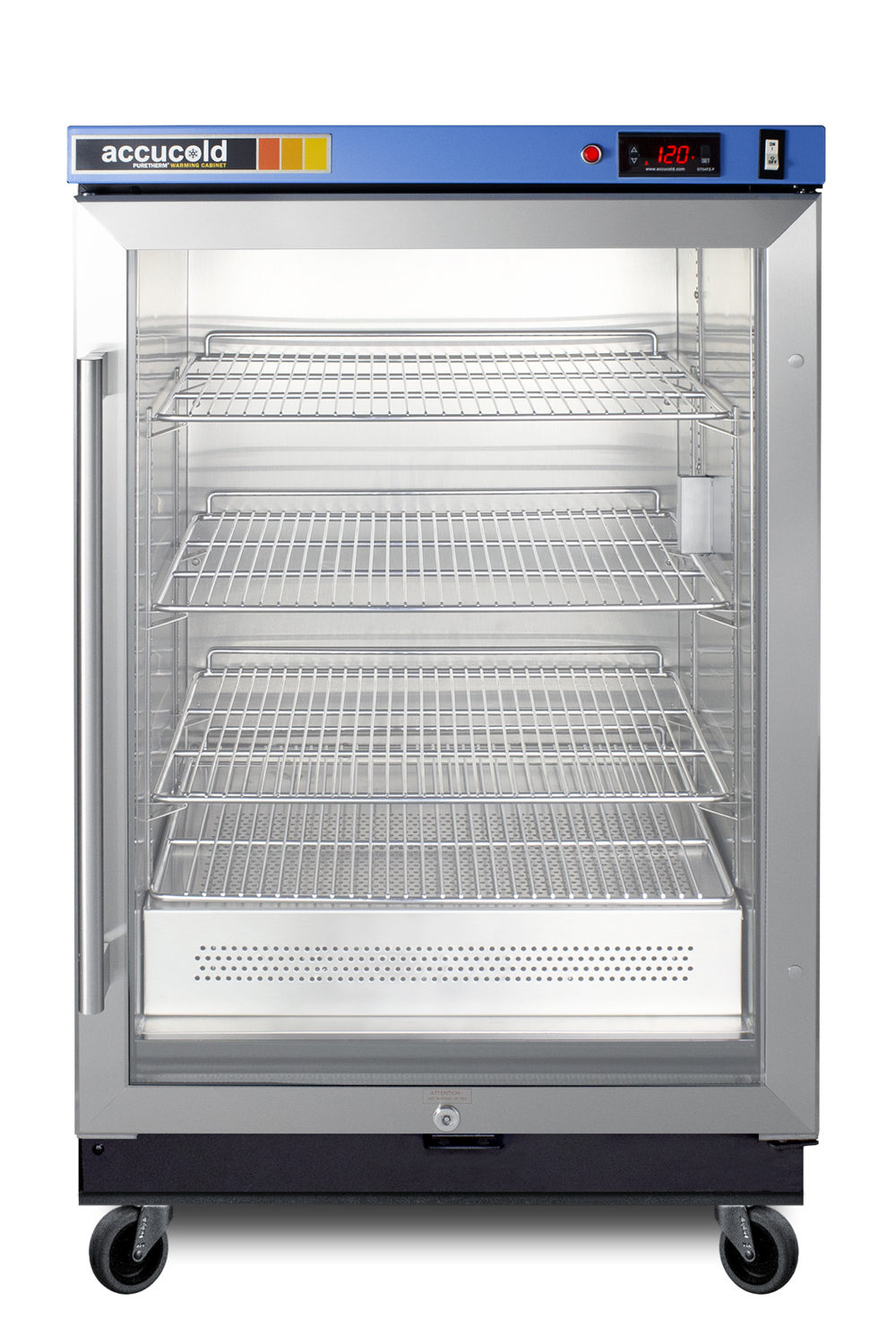 Single chamber passive heating blanket warmer with glass door, stainless steel interior and exterior, digital thermostat, and lock